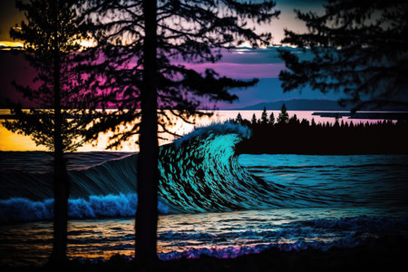Beautiful sunset on the beach with waves and pine trees in the foreground