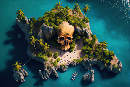 Skull on island with palm trees. Top view. 3d renderの写真素材