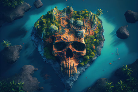 Skull in the middle of a tropical island. 3d renderingの写真素材