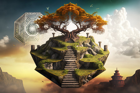 Fantasy landscape with a tree in the shape of a staircase.の写真素材