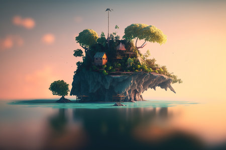 Small island in the sea at sunset. 3d render illustration.の写真素材