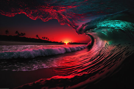 Surfing ocean wave at sunset. 3D Rendering and illustrationの写真素材