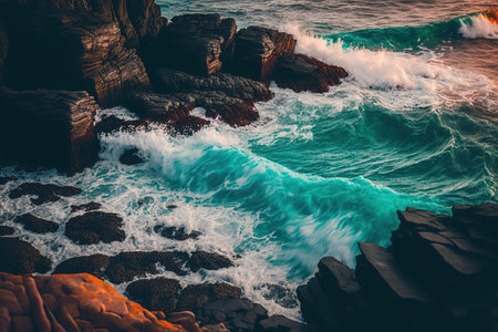 Beautiful seascape with waves crashing on the rocks. Toned.の写真素材