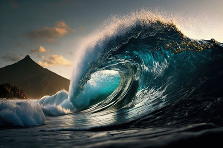 Surfing ocean wave. Blue ocean wave at sunset time. 3D Rendering