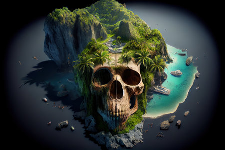 Skull on the island with palm trees. 3D Renderingの写真素材