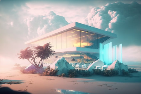 3D rendering of a modern house in a desert with palm treesの写真素材