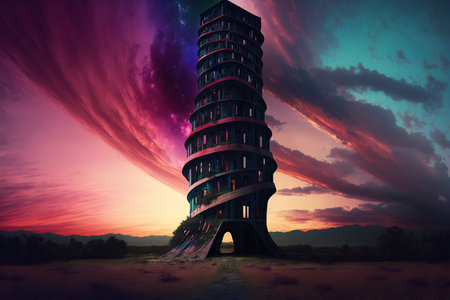 3D rendering of a skyscraper against the background of a beautiful sunsetの写真素材