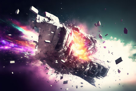Abstract space ship with explosion effect. 3d rendering toned imageの写真素材