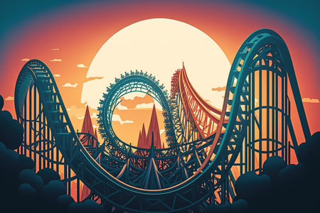 Rollercoaster landscape at sunset, vintage style. Vector illustrationの写真素材