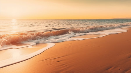 Beautiful seascape with sand and wave on the beach at sunsetの写真素材