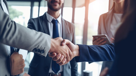 Business people shaking hands, finishing up a meeting. Business handshake concept