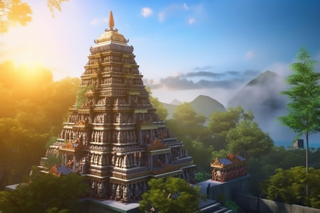 Hindu temple in the mist at sunrise. Panoramic view.の写真素材