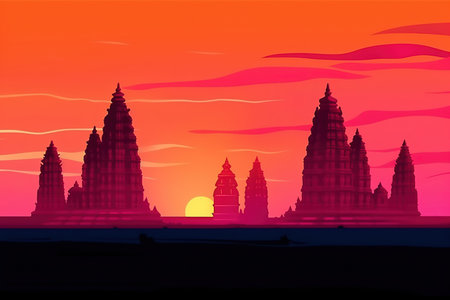Silhouette of Hindu temple on sunset background. Vector illustration.の写真素材