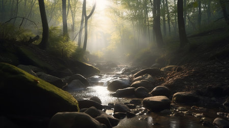 Mountain river in the forest in the morning mist. Summer landscape.の写真素材