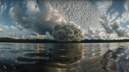 Panoramic view of storm clouds over the sea at sunset.の写真素材