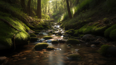 Mossy rocks and water stream in the forest, long exposureの写真素材