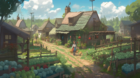 3d render of a fairy tale village with wooden houses and flowersの写真素材