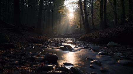 River in the forest at sunrise. Beautiful landscape with a river in the forestの写真素材