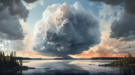 Storm over lake. Dramatic sky with cumulus clouds. 3D illustration