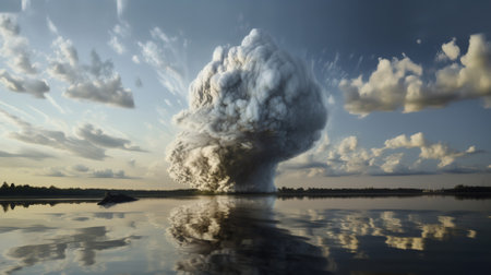 A view of a huge cloud in the sky over a lake.の写真素材