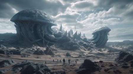 Fantasy alien planet. Mountain and lake. 3D illustration.の写真素材