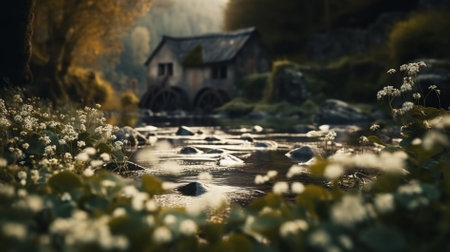 Water mill in the middle of a small river with white flowers.の写真素材