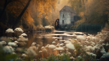 Autumn landscape with watermill in the park. Rural scene.の写真素材