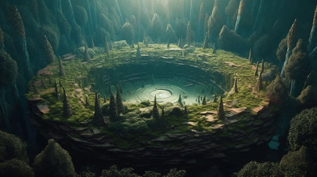 Fantasy alien planet. Mountain and lake. 3d render illustrationの写真素材