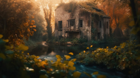 Old abandoned house on the bank of a small river in autumn.の写真素材