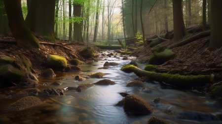 River flowing through the deciduous forest in springtime, Bialowieza Forest, Polandの写真素材