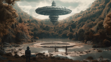 Fantasy alien planet. Flying saucer over the lake. 3d illustrationの写真素材