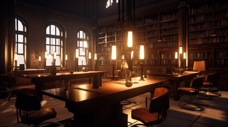 Old library interior with bookshelf, table and chairs. 3d rendering