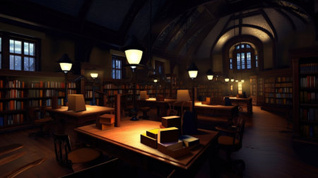 3D rendering of an old library at night with a large wooden floorの写真素材