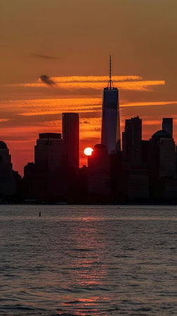 New York City Manhattan skyline at sunset over Hudson River in New York City.の写真素材