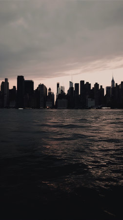 New York City Manhattan midtown skyline panorama over Hudson River at sunsetの写真素材
