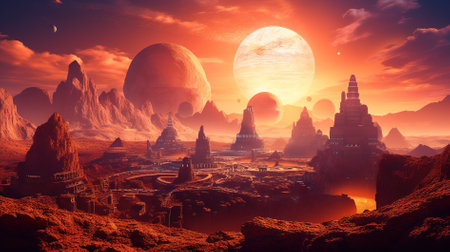 Fantasy alien planet. Mountain and sunset. 3D illustration.の写真素材