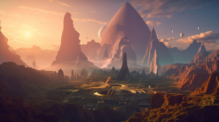 Fantasy alien planet. Mountain and city. 3D illustration.の写真素材