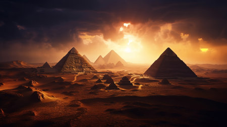 Egyptian pyramids in the desert at sunset. 3d renderingの写真素材