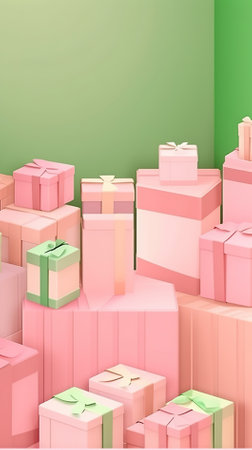 Pink gift boxes on green background, 3d rendering. Computer digital drawing.の写真素材