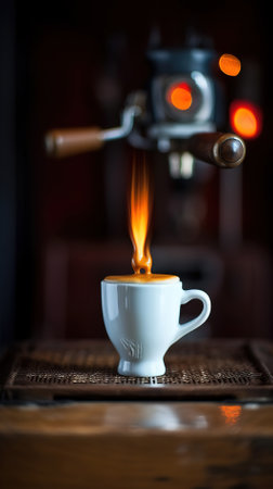 Coffee machine and cup of coffee on a wooden table.の写真素材