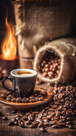 Coffee cup and beans on a wooden table. Selective focus.の写真素材