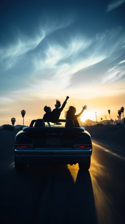 Silhouette of a couple sitting on the back of a car and playing the guitar at sunsetの写真素材