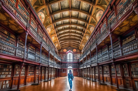 A young woman walks in the Library of London, UK.の写真素材
