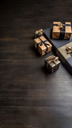 Gift boxes on dark wooden background. Top view with copy spaceの写真素材