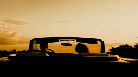 Silhouette of young couple in cabriolet car at sunsetの写真素材