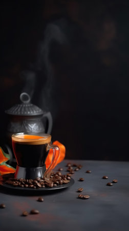 Coffee cup and coffee beans on a dark background. Copy space.の写真素材