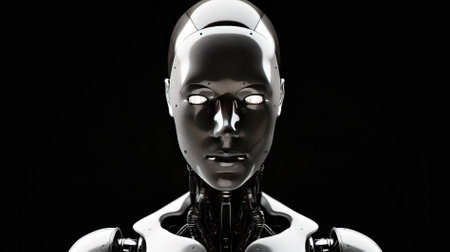 Robot humanoid face isolated on a black background. 3d renderingの写真素材