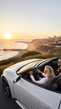 Couple in cabriolet looking at sunset on the ocean coastの写真素材