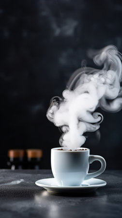 Hot coffee in a white cup on a black background with smoke.の写真素材