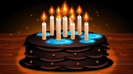 Birthday cake with burning candles on wooden background. Vector illustration.